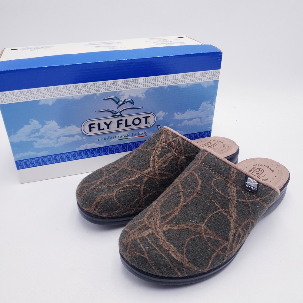Fly Flot Swirl Clogs Olive Green Wool Felt Embroidered Comfort Shoes Size 39 8.5
